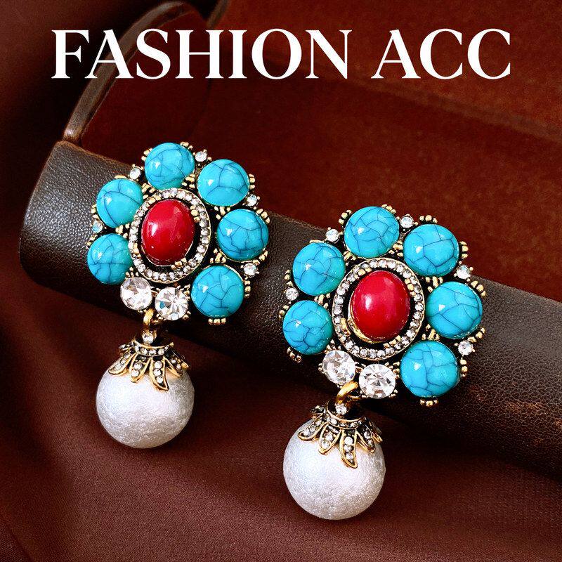 vintage精致民族风复古耳钉镶钻耳饰耳环银针百搭中古珍珠吊坠女