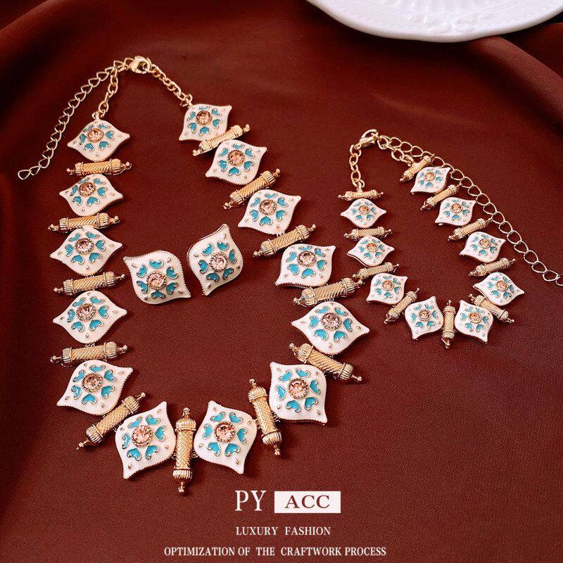 复古滴油锁骨气质菱形项链耳环套装中古首饰链轻奢宫廷风vintage