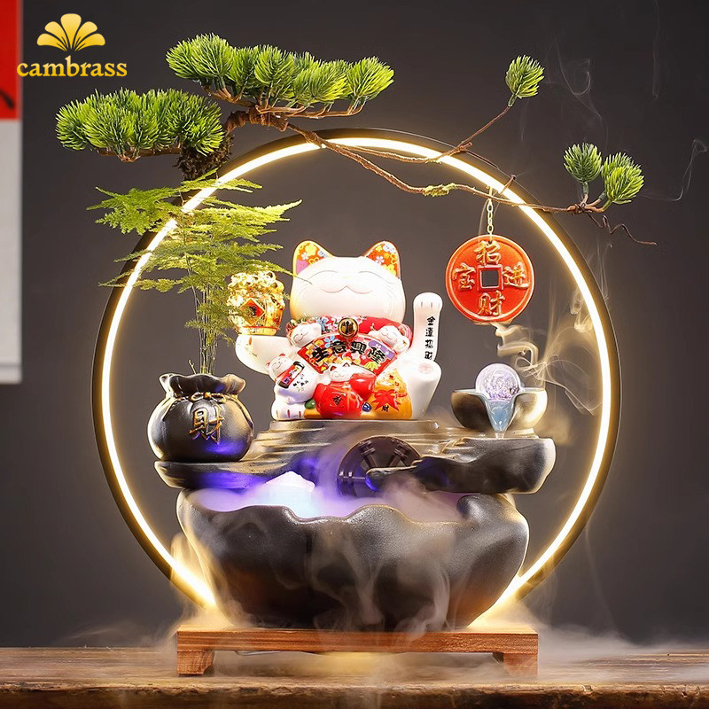 Cambrass中式流水生财摆件客厅办公室创意陶瓷招财猫装饰开 业礼