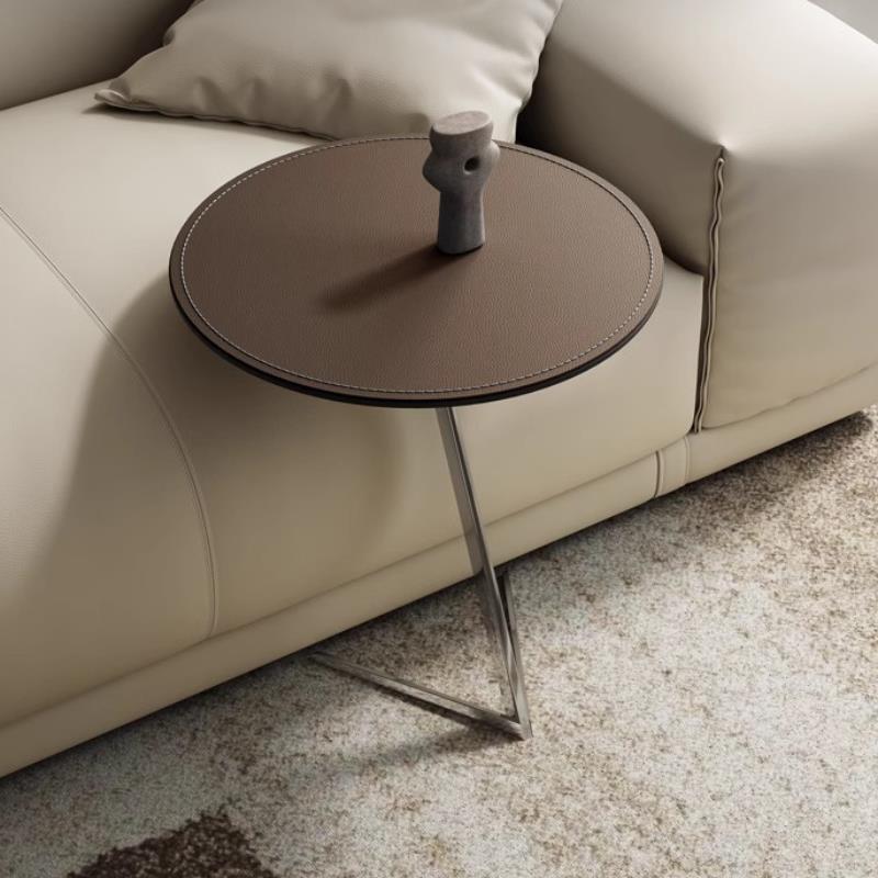意式极简沙发边几马鞍皮不锈钢移动边几客厅2024新款阳台小圆桌