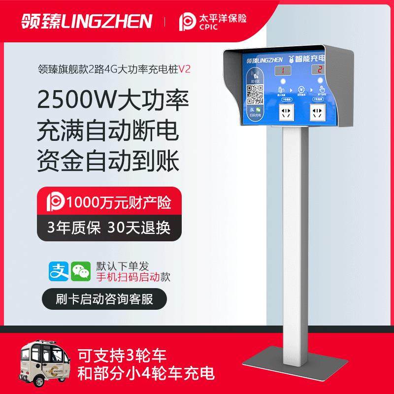 领臻电瓶车充电桩2路2500W瓦大功率户外立柱小区扫码插座充电器