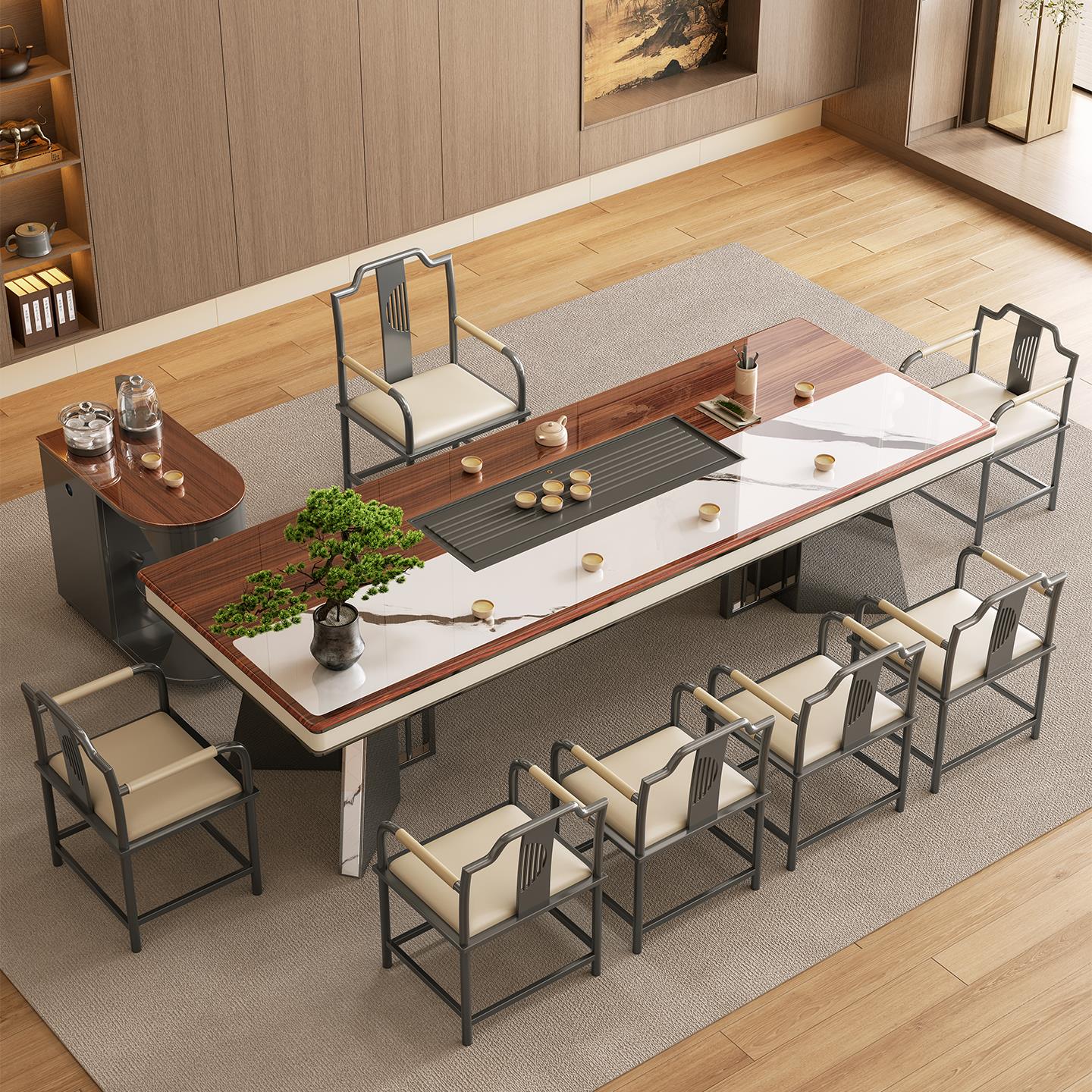 意式极简岩板茶桌客厅家用办公室会客一体泡茶台椅现代轻奢高级感