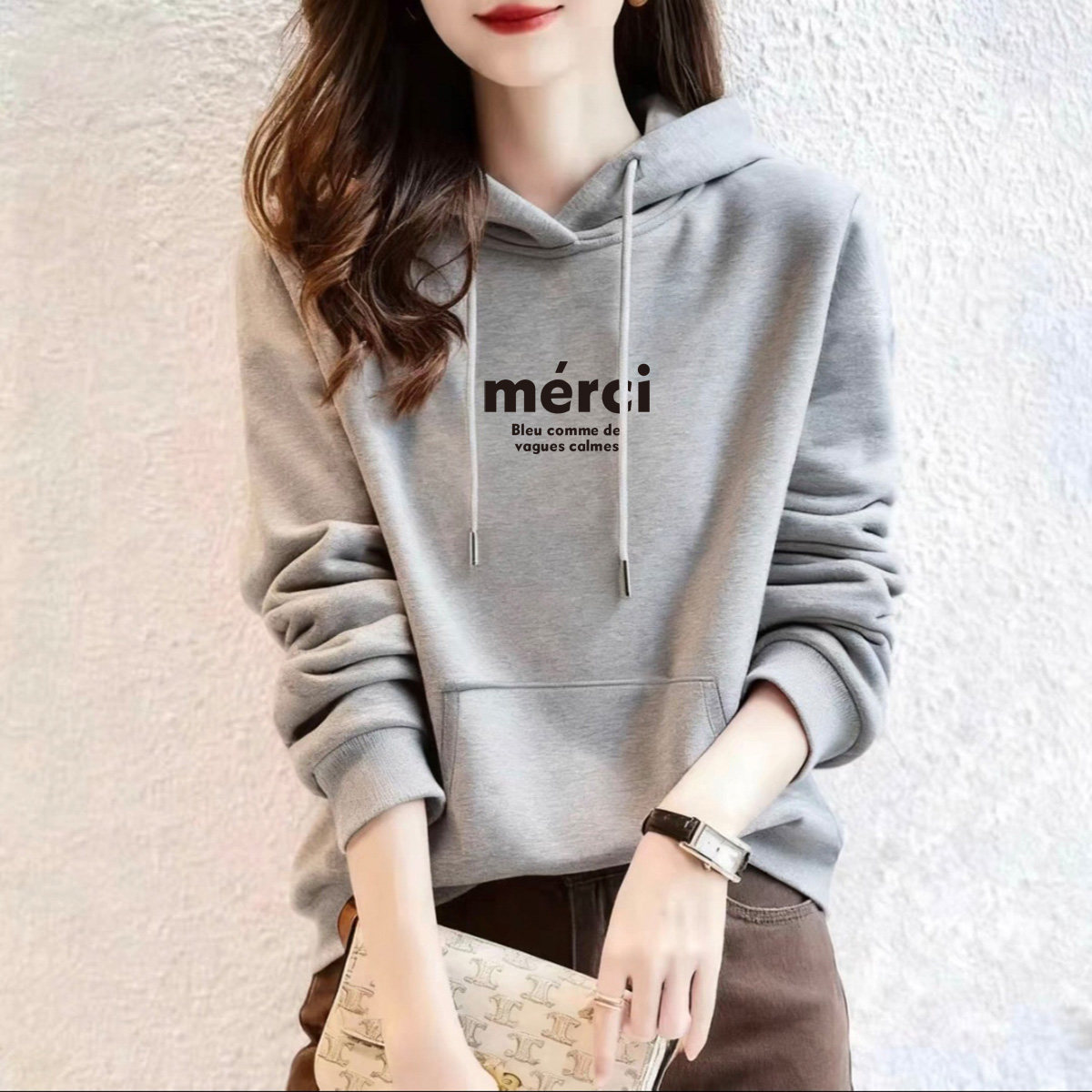 宽松显瘦连帽卫衣女2025秋冬新款韩版灰色套头长袖上衣加绒加厚