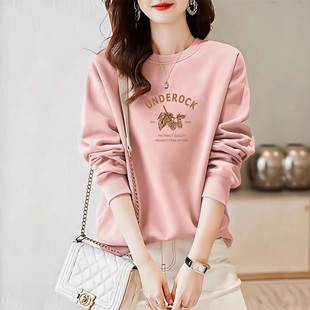 宽松显瘦圆领卫衣女2025年秋冬新款浅灰休闲长袖套头上衣加绒加厚