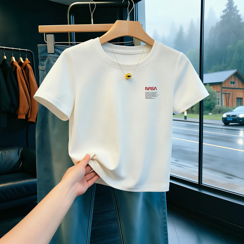 重磅纯棉短袖t恤女圆领宽松显瘦2025夏季新款小个子白色印花上衣