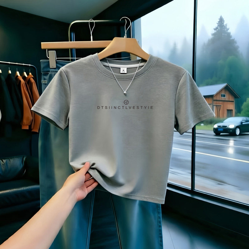 220g重磅纯棉短袖t恤女圆领宽松2025夏季新款小个子灰色正肩上衣