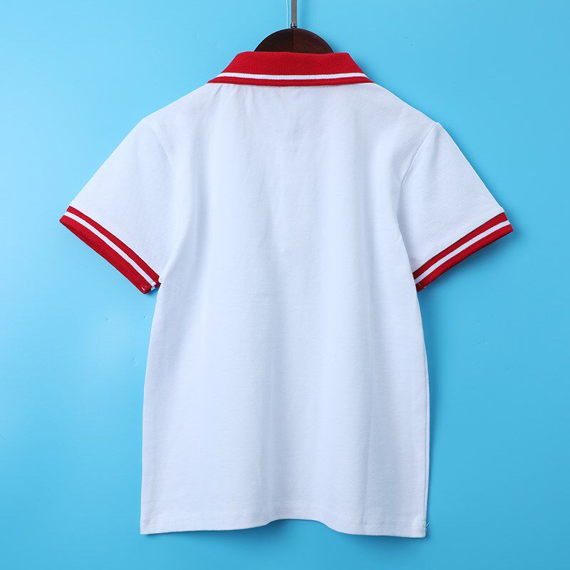 儿童校服男童女童短袖T恤POLO衫红领中大童装小学生白色纯棉班服