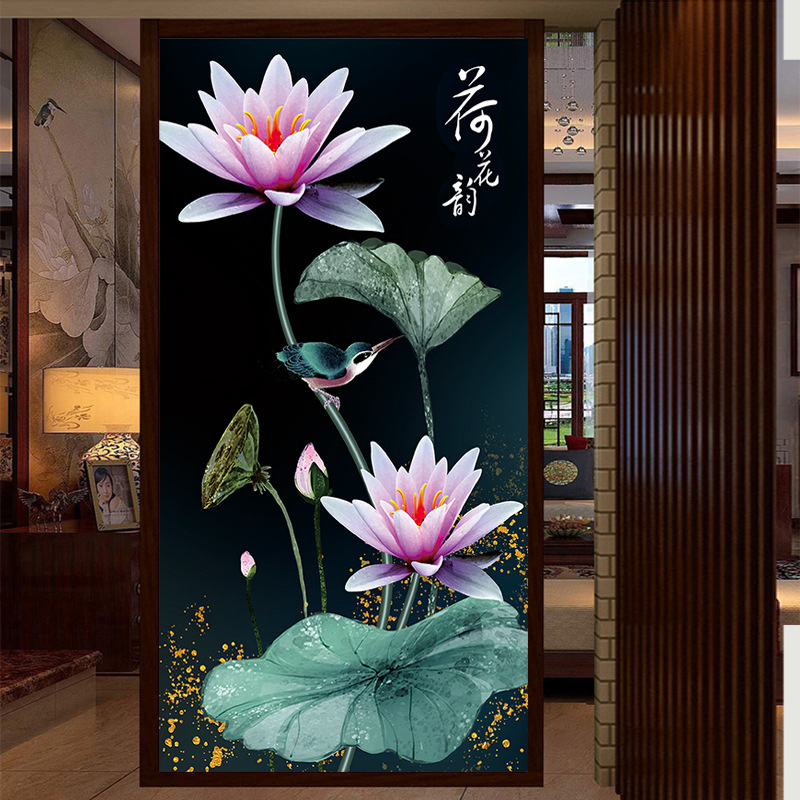 珠绣十字绣全珠子绣新荷花韵竖版玄关新款满珠绣串珠绣圆珠彩珠绣