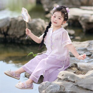 汉服女童夏季2025新款儿童新中式国风短袖套装女孩古风裤子两件套