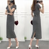 条纹连衣裙女短袖 后开叉长裙 宽松休闲气质显瘦中长款 2020夏装 新款