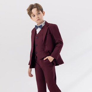 男童西装套装2024新款儿童中大童红色主持人礼服钢琴演出男孩西服