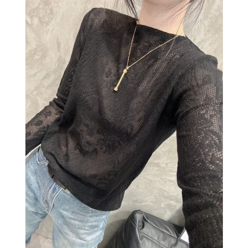 春装新款性感微透长袖针织衫女遮肚子显瘦宽松洋气打底衫薄款上衣