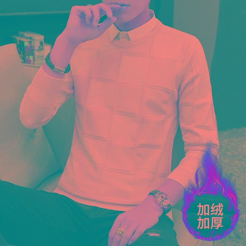 毛衣假两件男衬衫领大红色针织衫加绒加厚带衬衣本命年潮男装牛年