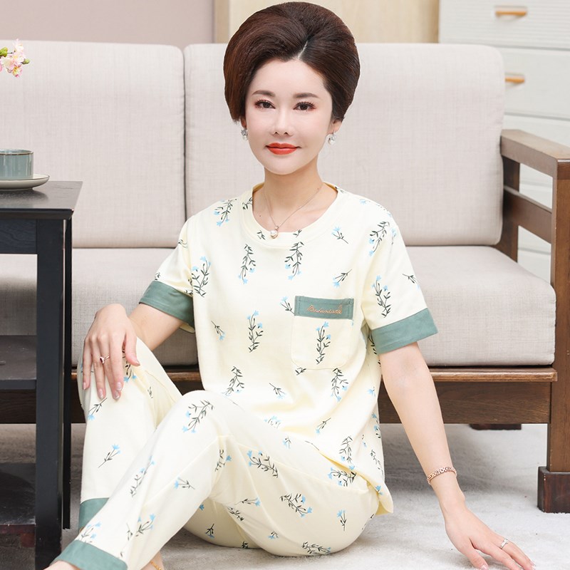 中老年人睡衣女夏季薄款纯棉短袖长裤妈妈套头家居服宽松大码套装
