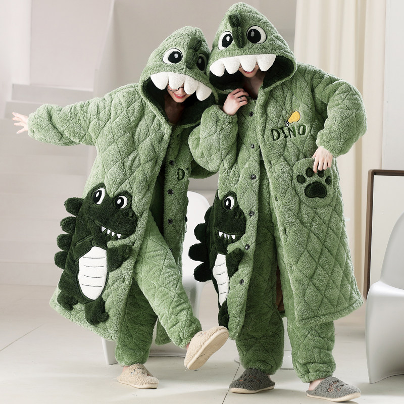 情侣睡衣冬季珊瑚绒加绒加厚三层夹棉男款女睡袍卡通家居服秋冬款