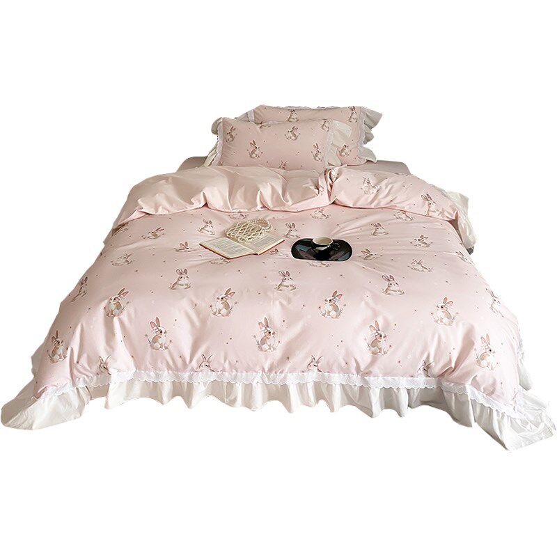 少女心100S纯棉磨毛四件套秋冬全棉床单笠加厚公主风花边被套床品