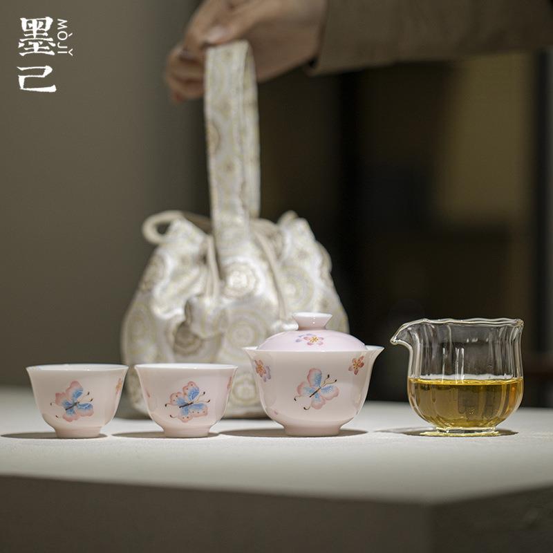 墨己茶事收纳包一盖碗两杯户外旅行便携茶具套装手绘蝴蝶茶具套组
