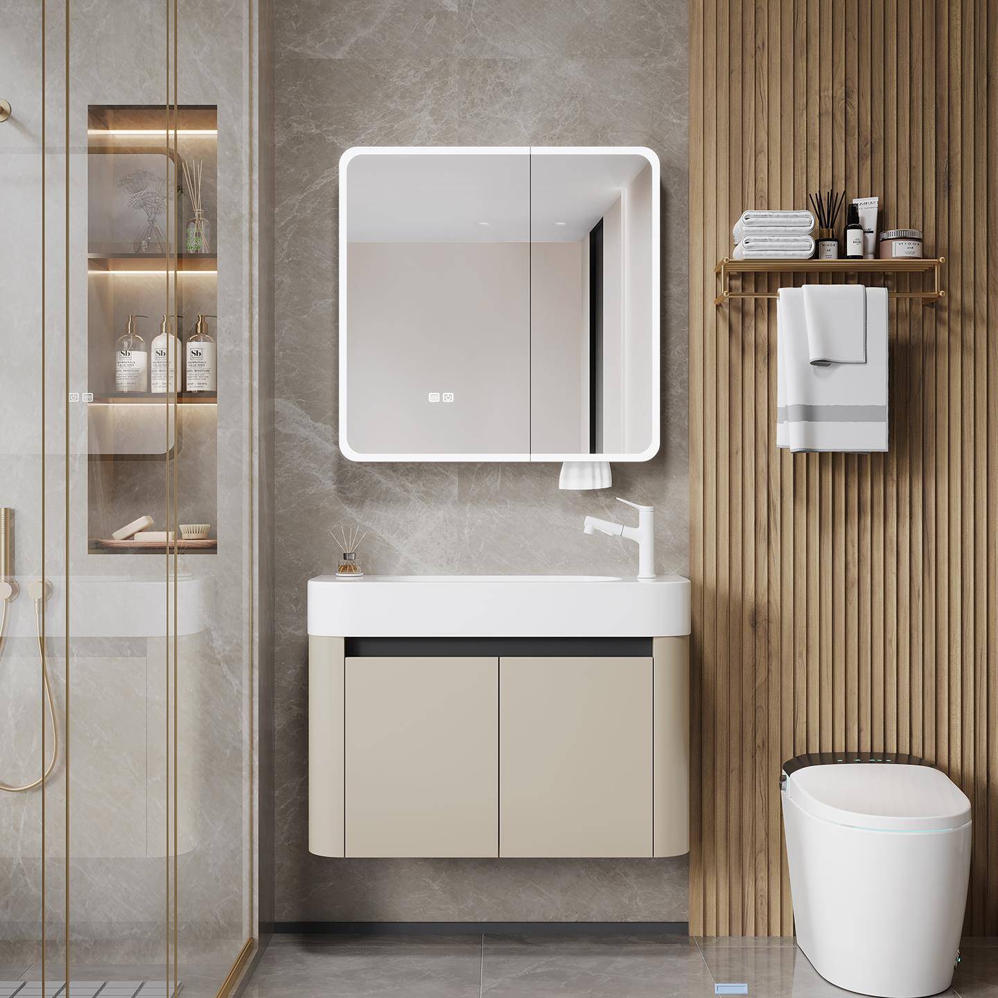 太空铝圆弧圆角智能储物镜柜带毛巾杆纸巾孔收纳镜箱浴室化妆镜子