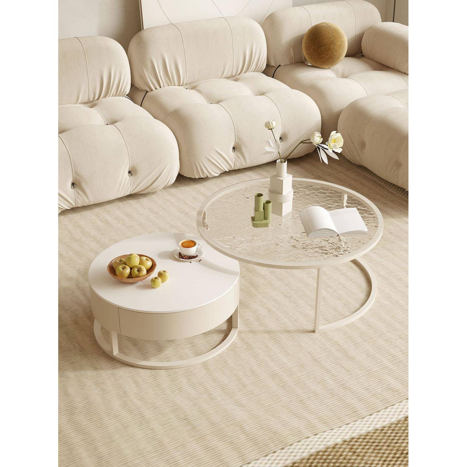 岩板玻璃茶几家用简约现代小户型奶油风高级感网红圆形茶几桌组合