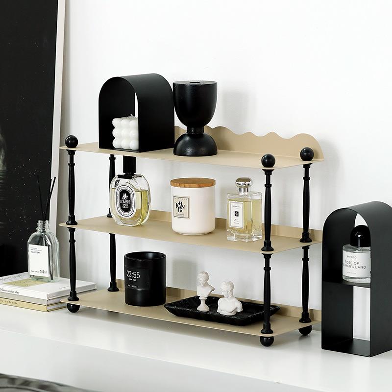 奶茶色三层置物架创意北欧中古架铁艺杯架简约收纳架轻奢整理架