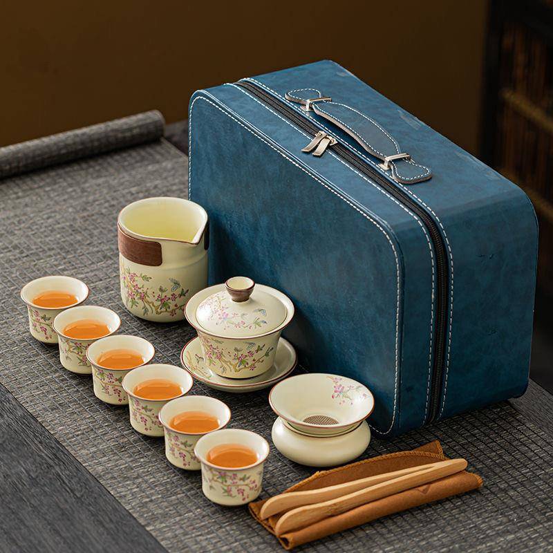紫藤花汝窑茶具便携式旅行套装可开片可养办公室外出茶水分离