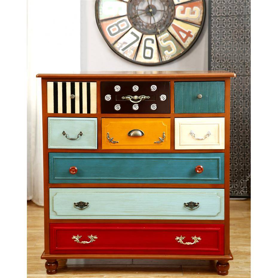 美式乡村实木玄关柜地中海复古餐边柜仿古做旧斗柜彩色立柜储物柜