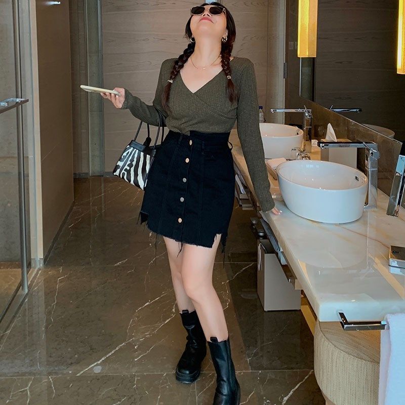 大码女装胖mm夏季a字半身裙微胖妹妹小个子高腰显瘦黑色牛仔短裙