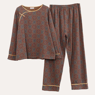 家居服胖mm秋季 女200斤纯棉纱布春秋棉纱中国风中式 睡衣套装 大码