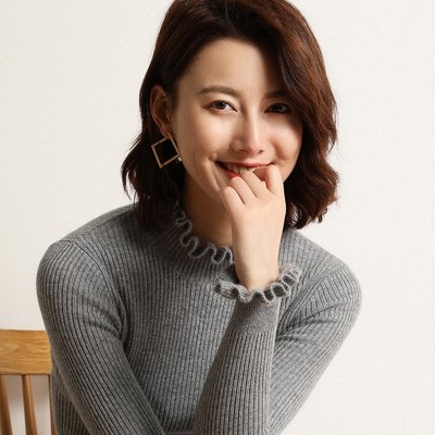 秋季新款毛衣女打底衫半高领羊毛衫修身显瘦木耳领抽条长袖针织衫