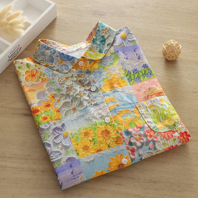 2024秋装新品复古印油画长袖衬衫女宽松百搭文艺花朵女士衬衣上衣,女装/女士精品,衬衫,淘宝优惠券,粉丝福利购,淘宝优惠卷