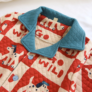 儿童秋冬全棉空气层三层保暖睡衣可爱小狗夹棉加厚纯棉男童家居服