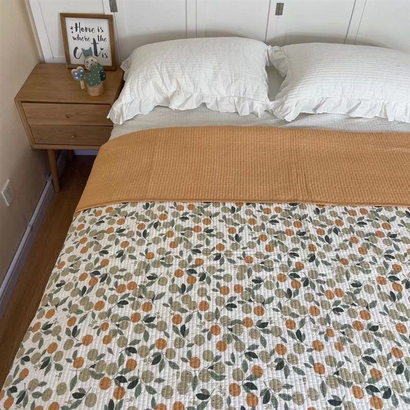 韩式纯棉斜纹衍缝绗缝夹棉小清新水洗双面四季床盖床单可配枕套