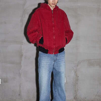【PacShop】.pac 短款水洗红做旧拉链连帽工装夹克