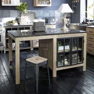 美式 实木中岛台厨房备餐桌料理台大理石餐边柜储物柜原木做旧碗柜