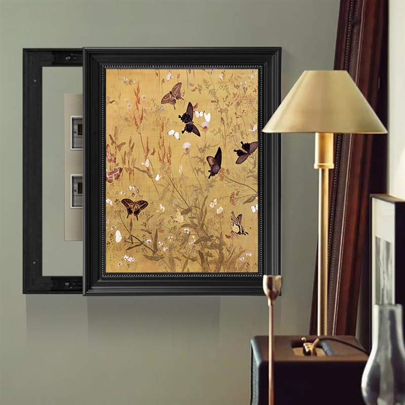 高级感竖版遮挡电表箱装饰画中古风黑色框左右推拉隐藏画支持定制