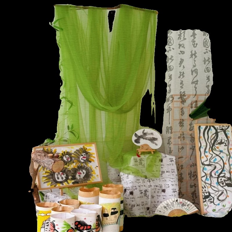 春季主题展幼儿园环创水墨古风教室布置背景墙装饰新中式绿色纱幔