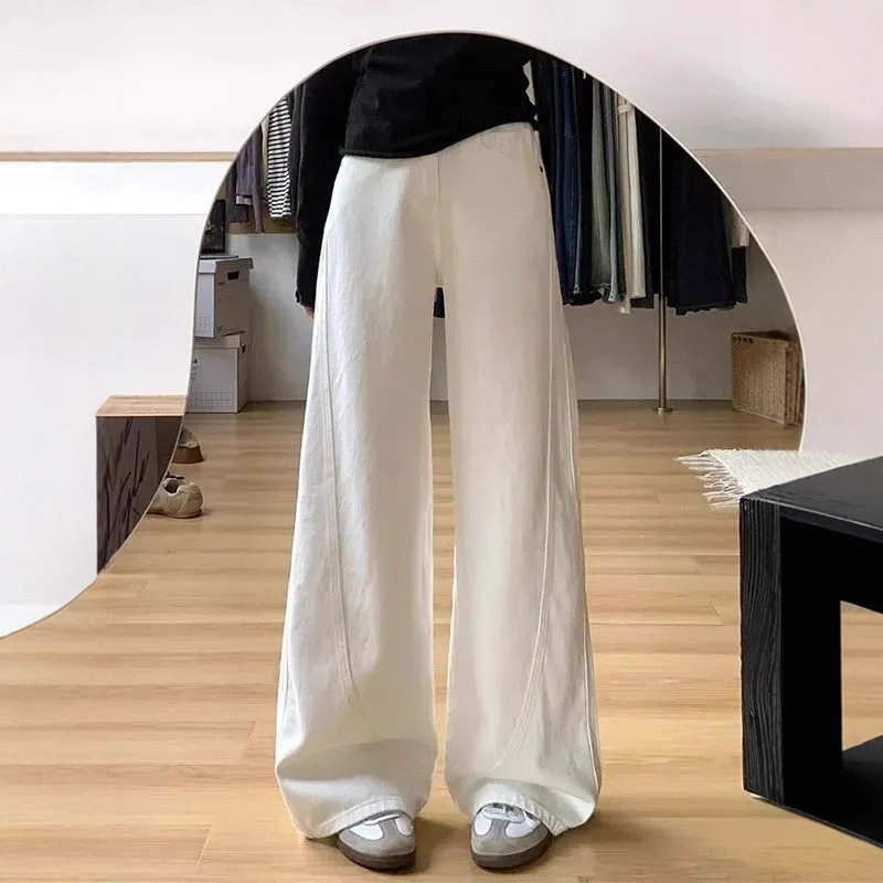 美式白色阔腿牛仔裤女秋季高腰宽松百搭显瘦2026年弯刀直筒拖地裤