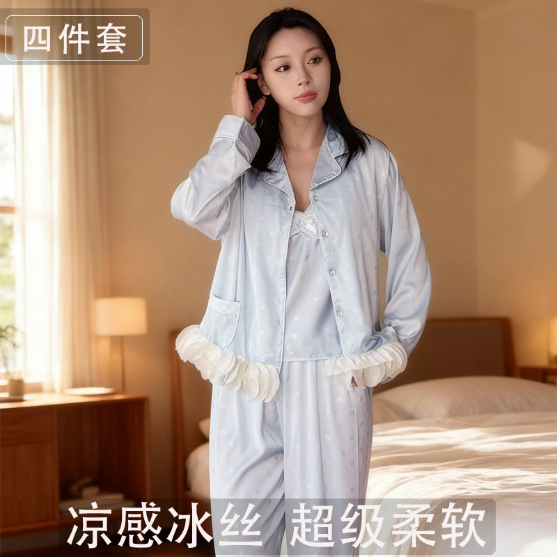 睡衣女款夏季薄款冰丝睡衣女带胸睡衣/家居服套装