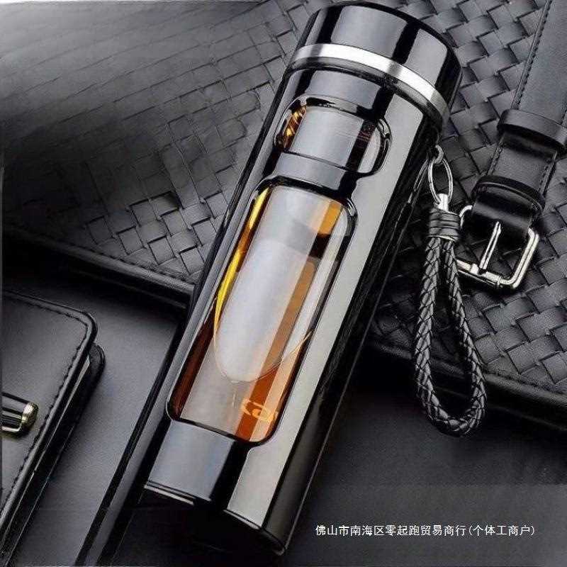 摔不烂钢化玻璃杯500ml耐摔高温硼硅双层玻璃杯保护套男士茶杯无