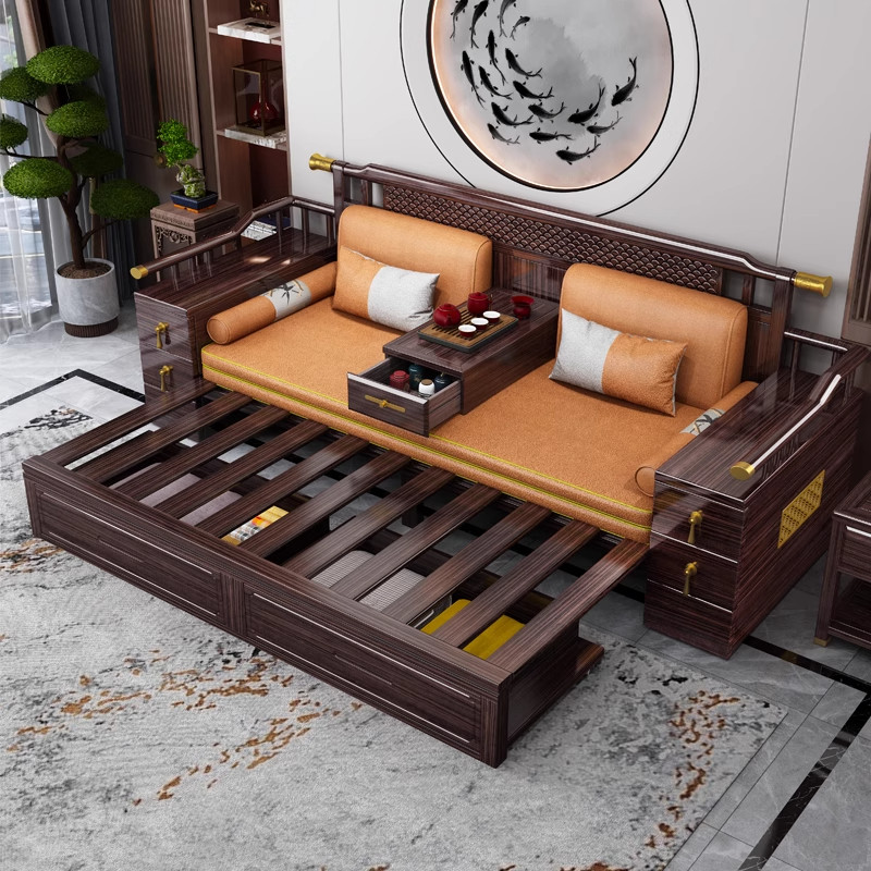 新中式乌金实木沙发床小户型客厅2026新款多功能推拉罗汉床组合