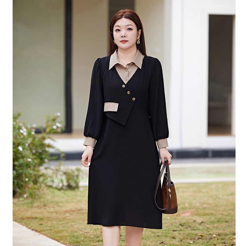 大码女装假两件套连衣裙早秋新款气质收腰A字显瘦胖MM衬衫裙长袖