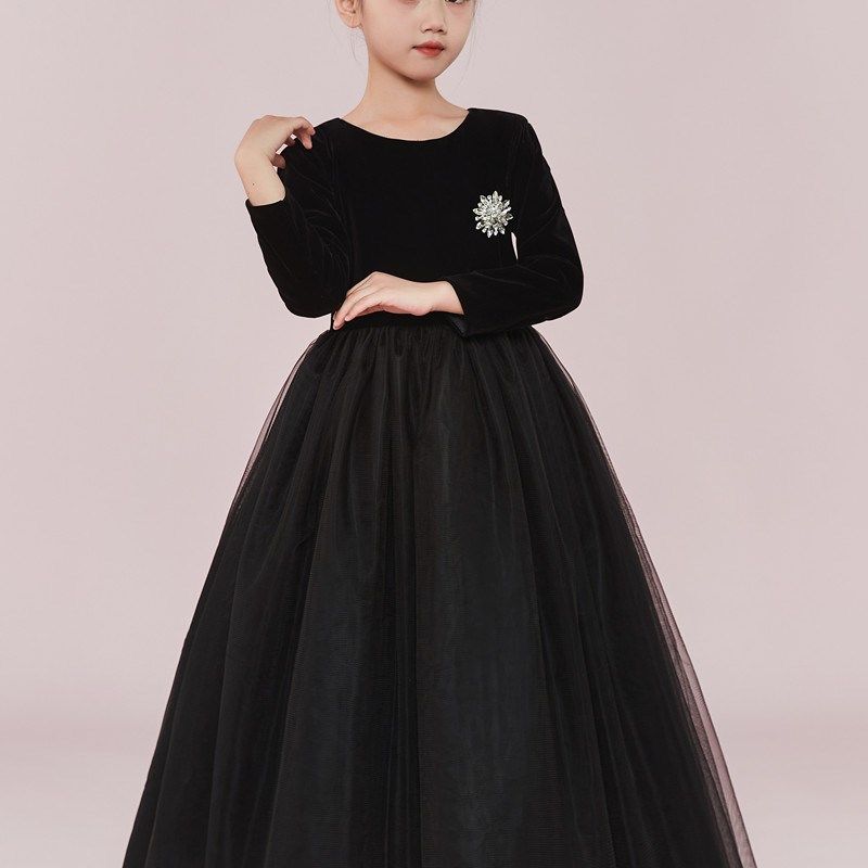 新款钢琴表演服高端洋气女童晚礼服合唱团演出礼服长款长袖公主裙