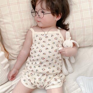 夏季宝宝背心吊带睡衣套装女童碎花无袖家居服儿童纯棉薄款两件套