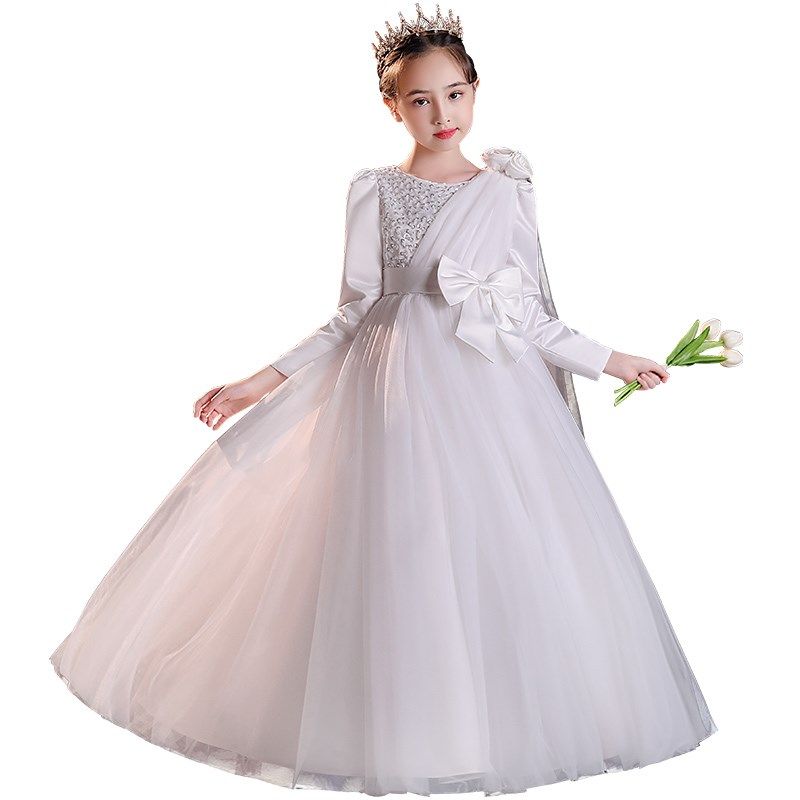 春秋冬花童儿童长款婚纱裙女童白色公主连衣裙大童演出礼服长裙子