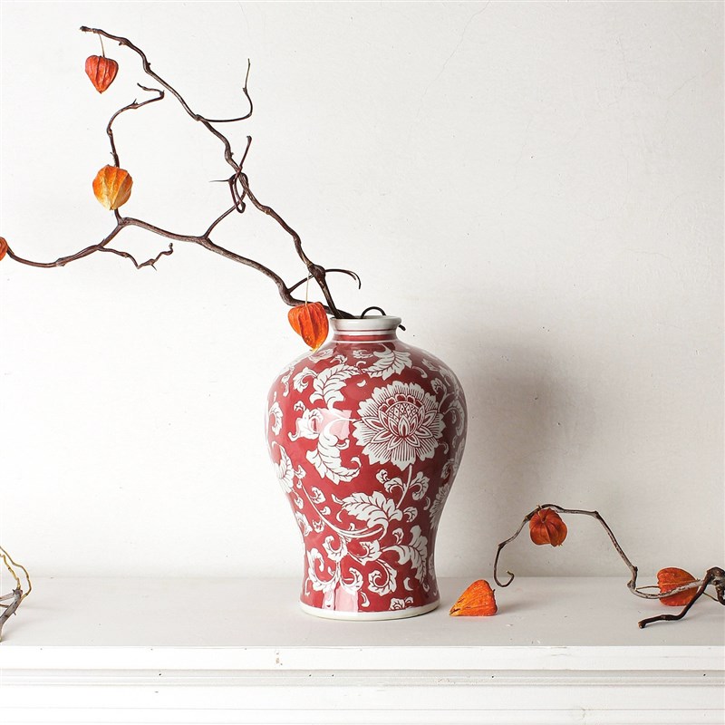 新中式手绘釉下彩陶瓷花瓶摆件客厅茶室复古红色青花瓷鲜花插花瓶