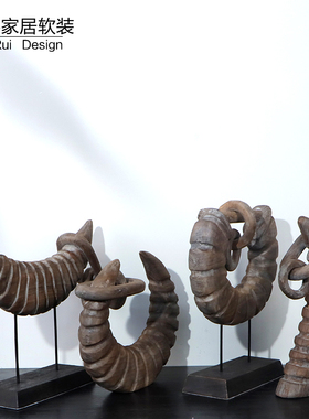 样板间售楼处新中式牛角雕塑实木摆件客厅博古架玄关家居软装饰品