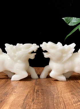 天然白玉麒麟摆件玉石家居客厅玄关办公室乔迁新居店铺开业工艺礼