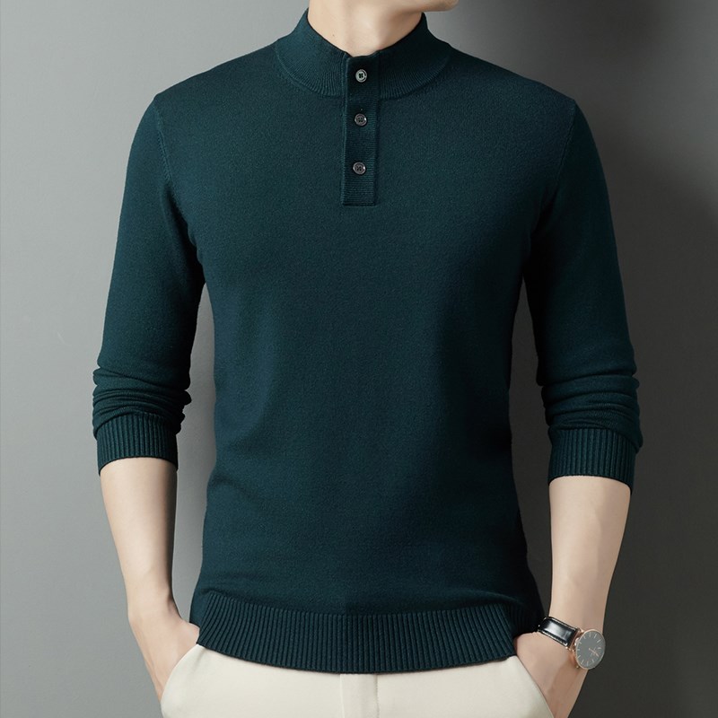 枣红色半高领毛衣男带扣子中领t恤长袖内搭针织衫爸爸秋冬装上衣