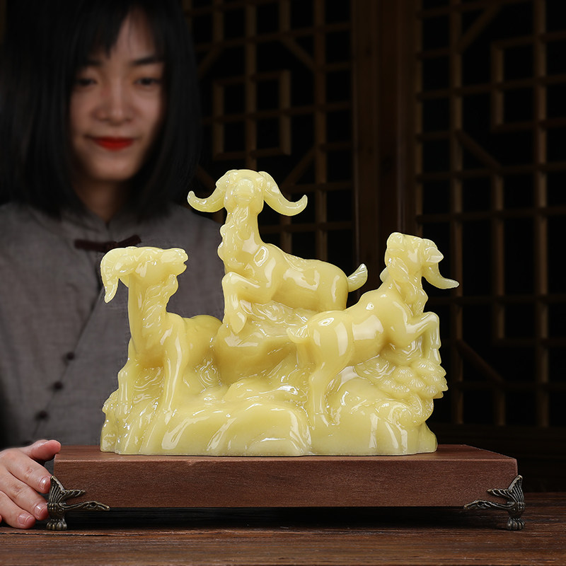 玉石三羊开泰生肖羊摆件三阳开泰招财高档家居客厅酒柜装饰工艺品