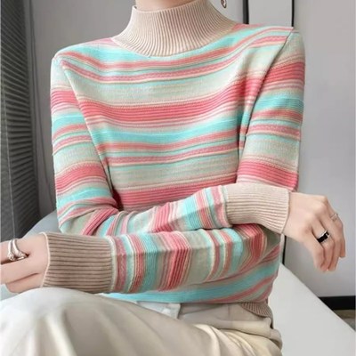 彩条毛衣女秋季24新款宽松加厚女士半高领羊毛针织打底衫短款上衣